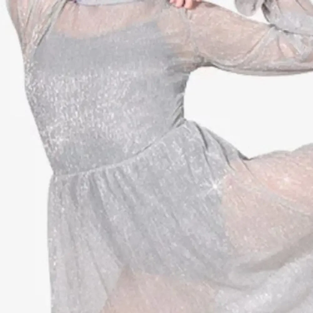 Double Platinum Silver Glitter sheer Mesh Long Sleeve Lyrical Dance Dress NWT